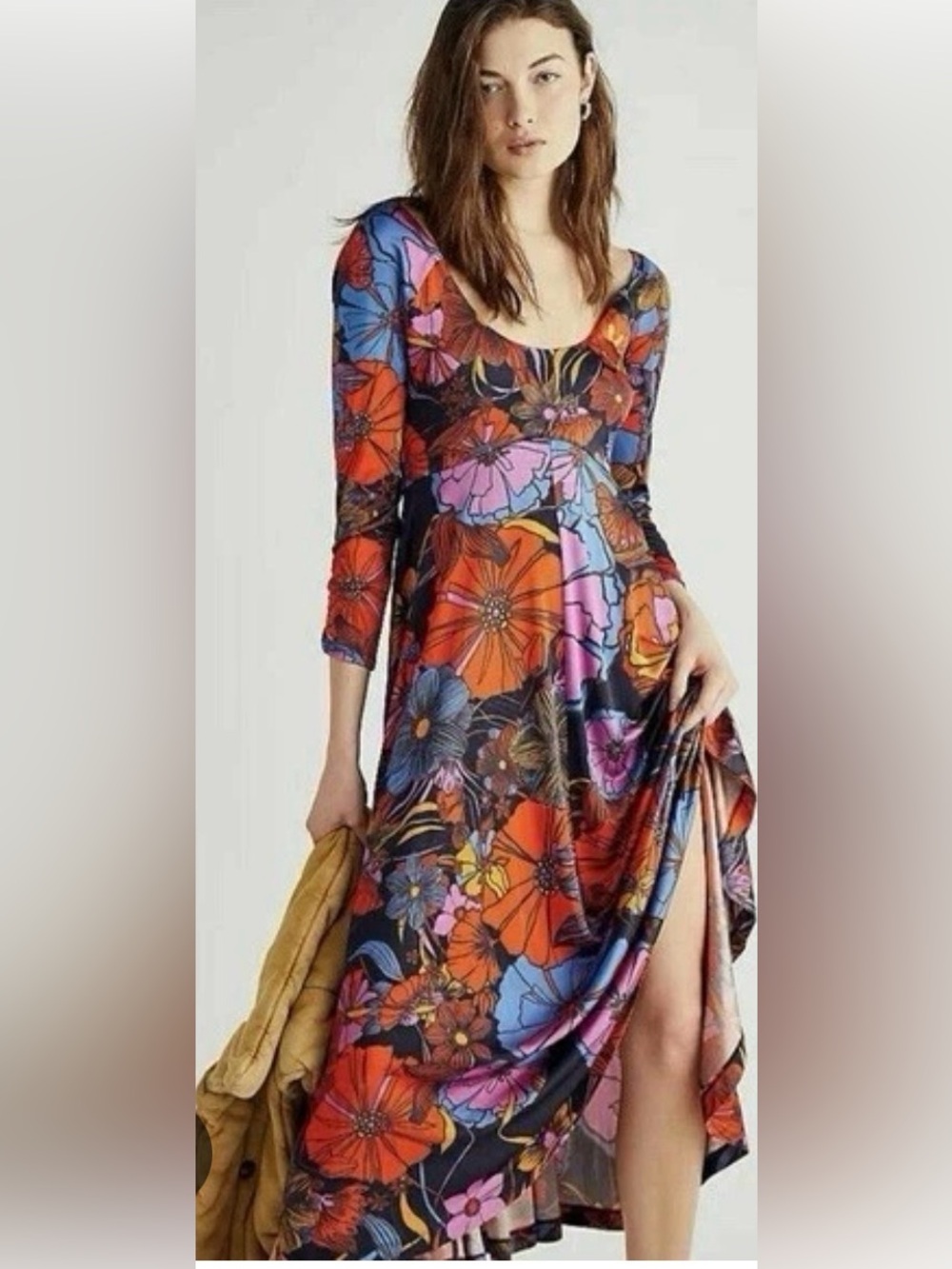 Free People Floral Long Sleeve Maxi Dress in Black, Orange, Blue & Pink